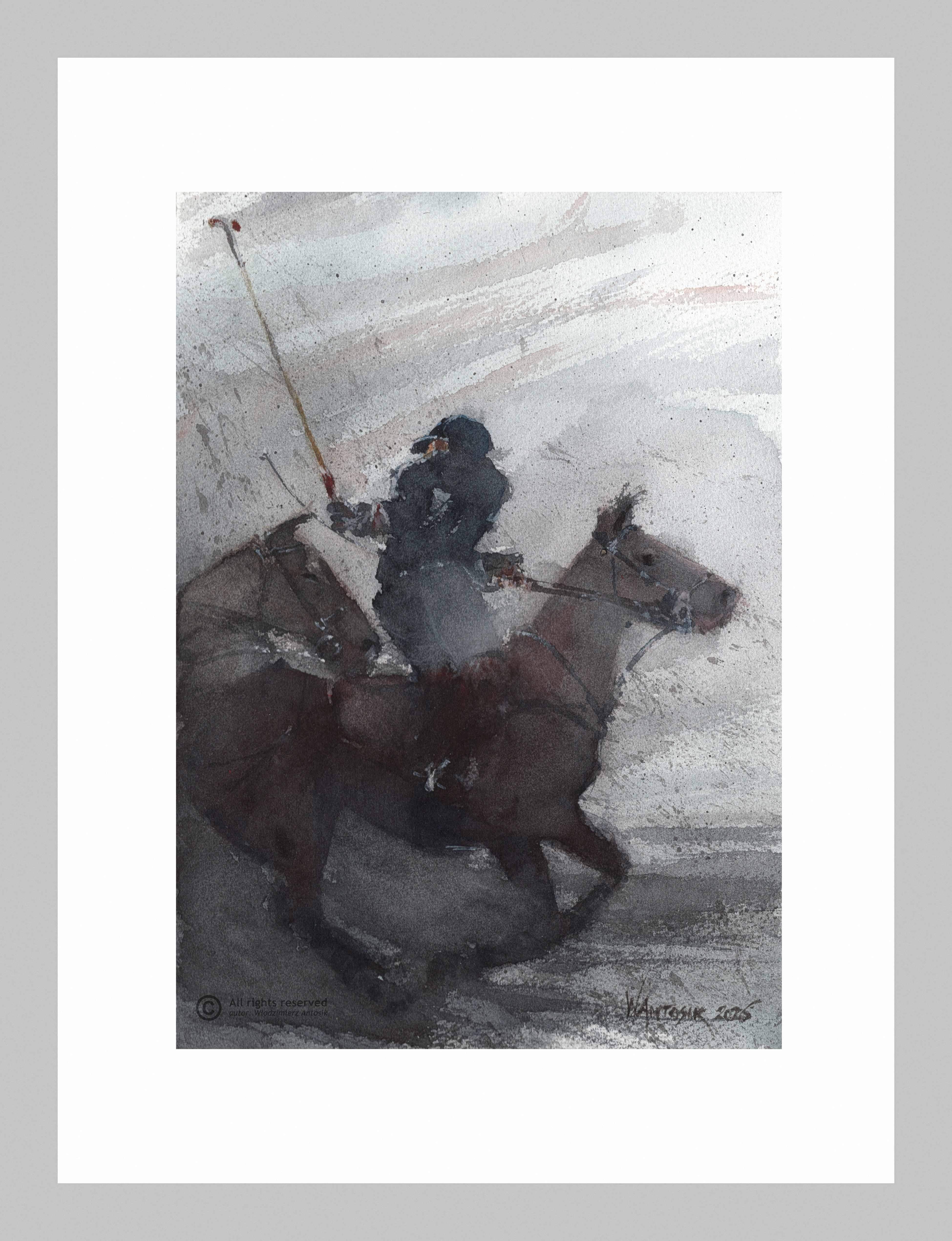 Akwarela na papierze. Konie, gra w Polo.