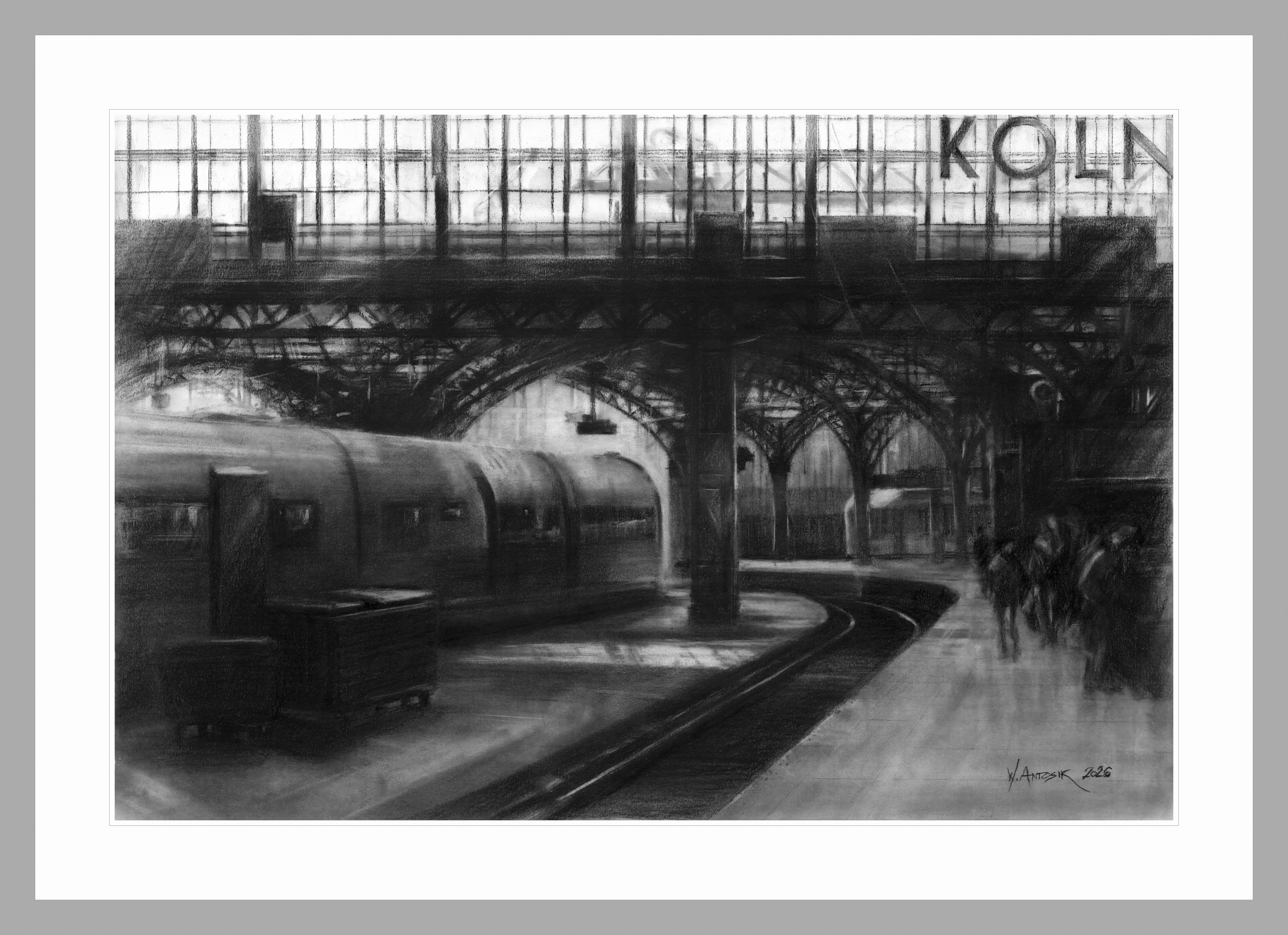 Rysunek węglem na papierze. Dworzec Koln.