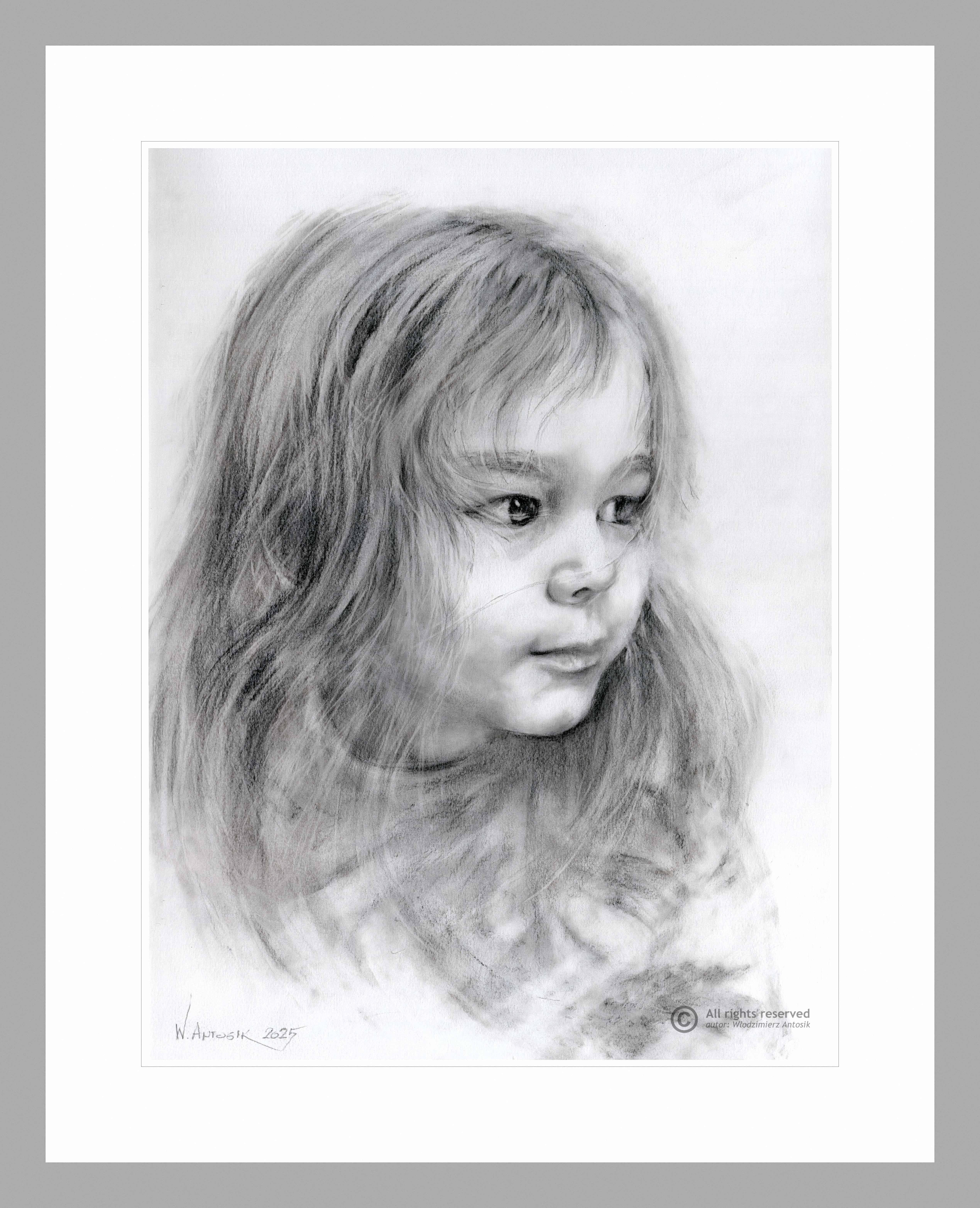 Rysunek ołówkiem na papierze. Portret dziewczynki.