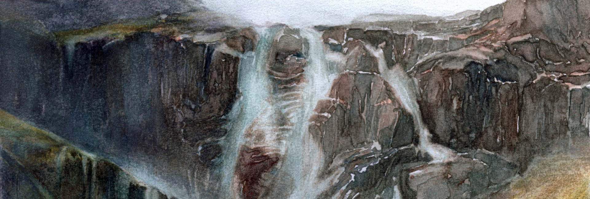 Akwarela na papierze. Wodospad górski. Tatry.